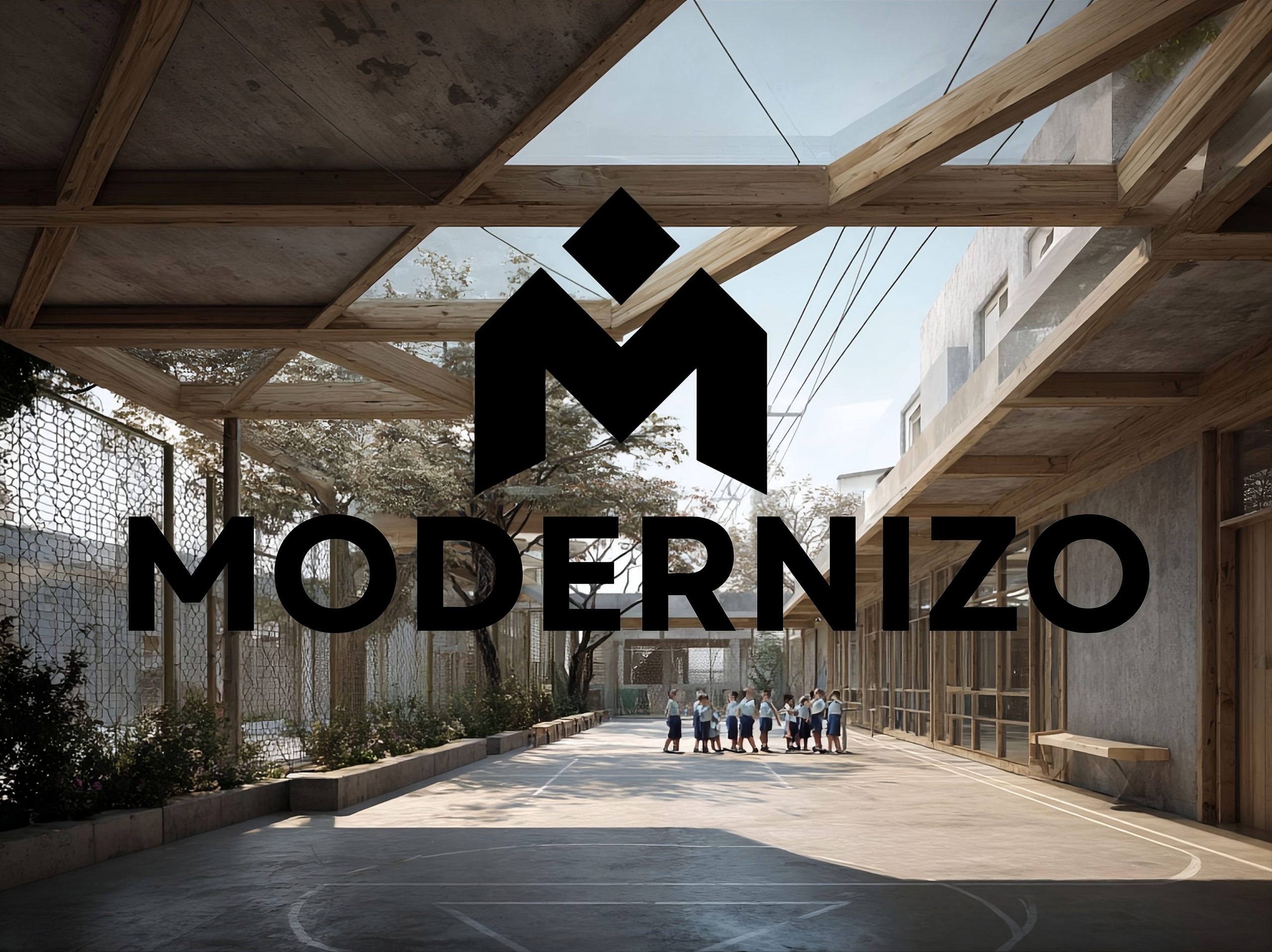 Identidad de Modernizo sobre una imagen de arquitectura en madera